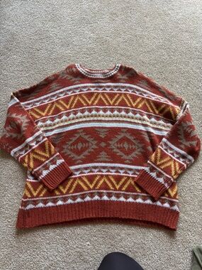 Rust Aztec Pattern Knit Sweater with Yellow & Cream Accents
